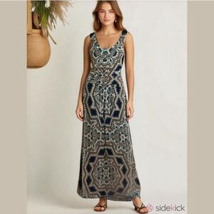 Maeve Anthropologie Jantina mosaic teal cream knit sleeveless maxi dress